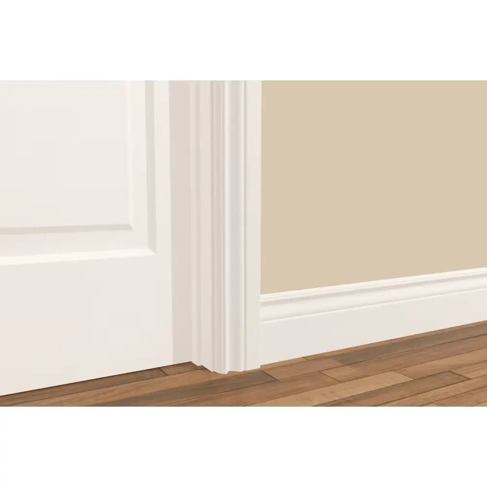 An image of a   Alexandria Moulding 5/8-inch x 5 9/16-inch Colonial Primed Fibreboard Baseboard Moulding by LONGTERM house floor