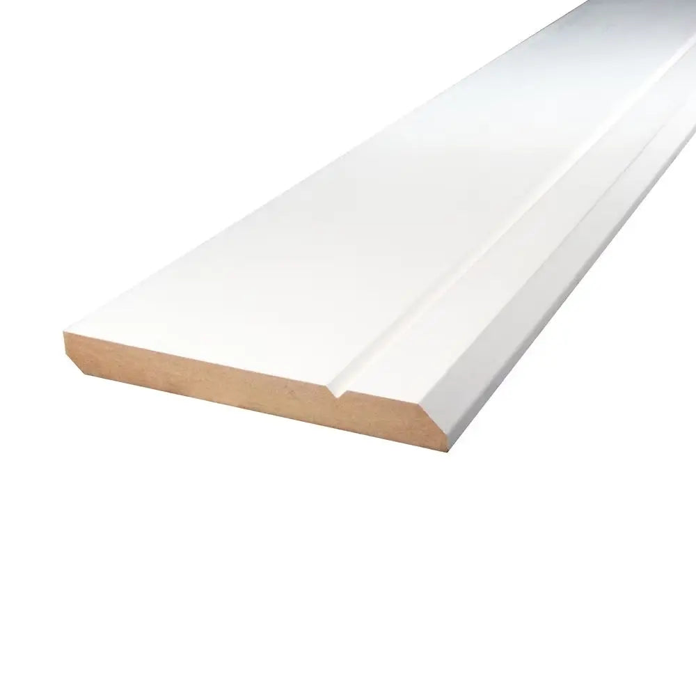 An image of a   Alexandria Moulding 5/8-inch x 5 1/2-inch Modern MDF Primed Fibreboard Baseboard Moulding by LONGTERM house floor