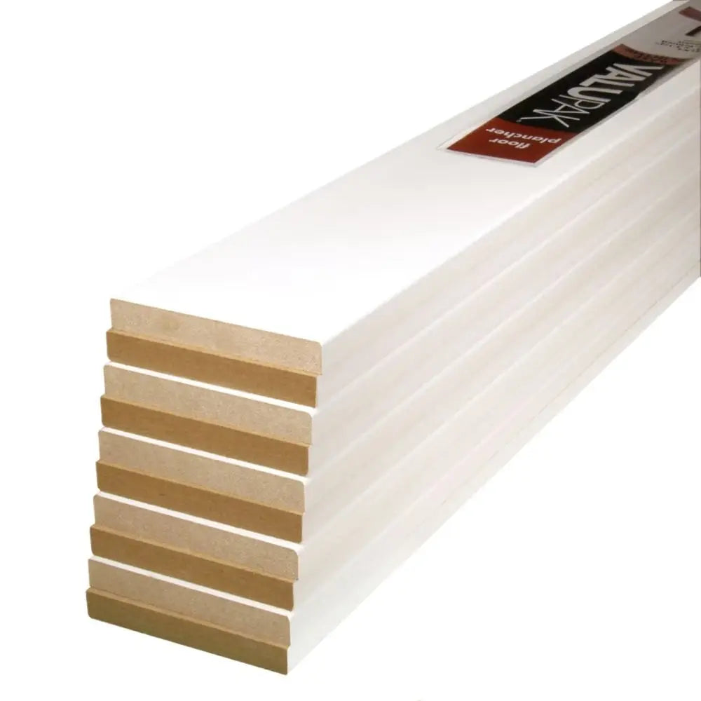 An image of a   Alexandria Moulding (10-Pack) 1/2-inch x 3 1/2-inch x 96-inch Modern MDF Primed Baseboard Moulding by LONGTERM house floor