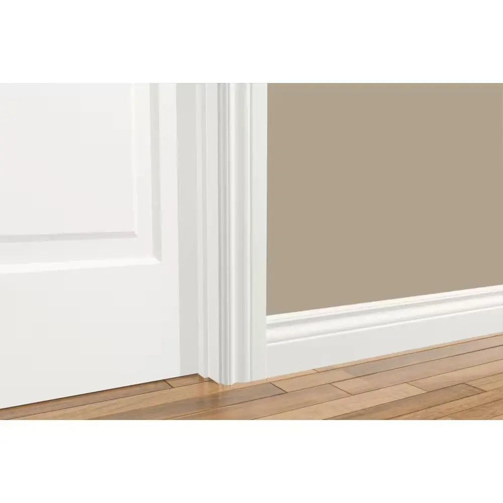 An image of a   Alexandria Moulding 11/16-inch x 4 3/4-inch x 96-inch Colonial MDF Primed Baseboard Moulding by LONGTERM house floor