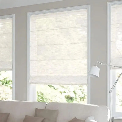 An image of a   Cordless Solar-Powered Motorized Fabric Roman Shade Blinds by LONGTERM house floor