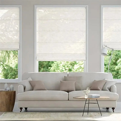 An image of a   Cordless Solar-Powered Motorized Fabric Roman Shade Blinds by LONGTERM house floor