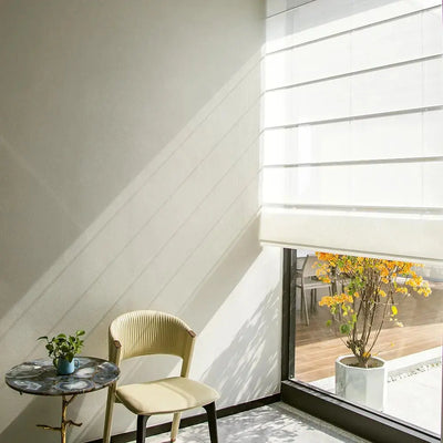 An image of a   Cordless Solar-Powered Motorized Fabric Roman Shade Blinds by LONGTERM house floor