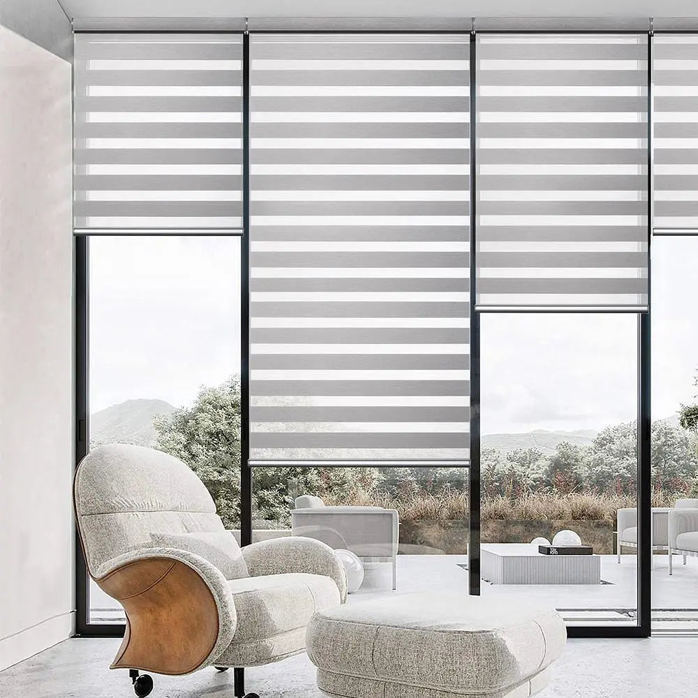 An image of a   Fabric Zebra Blinds  Codeless Motorized Lift Semi Blackout Shades by LONGTERM house floor