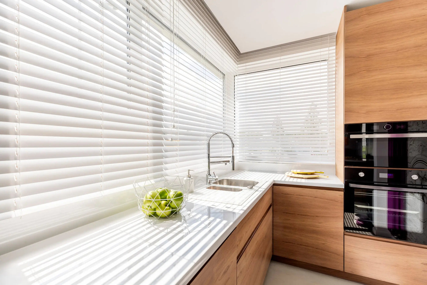 An image of a   Faux Wood Blinds Bead Chain by LONGTERM house floor