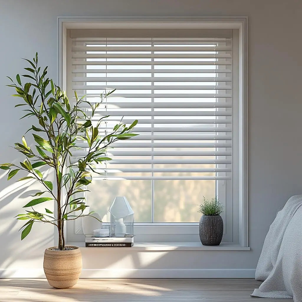 An image of a   Faux Wood Blinds Bead Chain by LONGTERM house floor