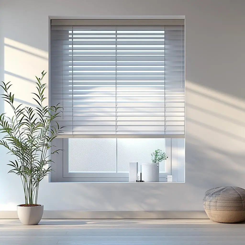 An image of a   Faux Wood Blinds Cordless Lift by LONGTERM house floor