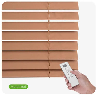 An image of a   Faux Wood Blinds Solar-Powered Cordless Motorized by LONGTERM house floor