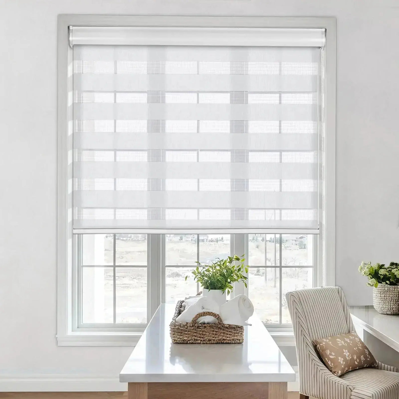 An image of a   Motorized Light-Filtering UV Protection Zebra Shades(VO) by LONGTERM house floor