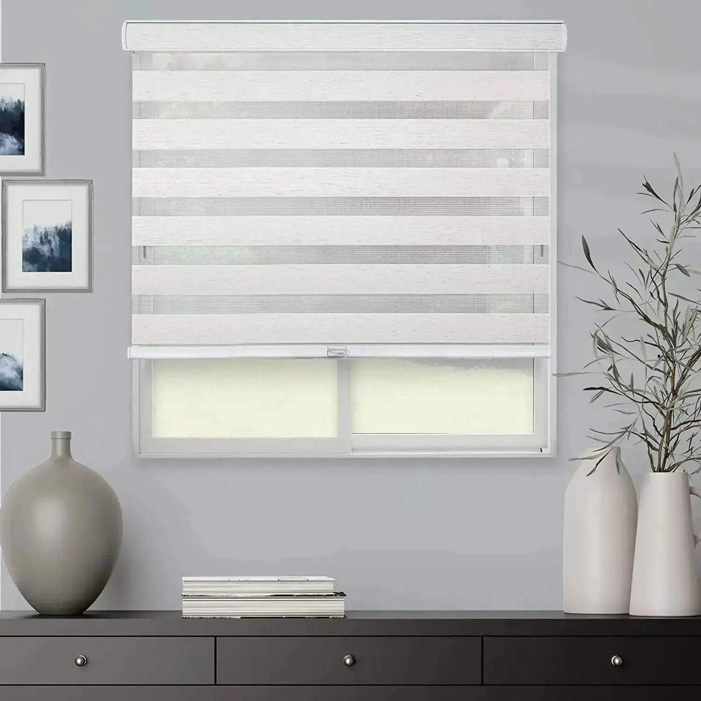An image of a   Motorized Light-Filtering UV Protection Zebra Shades(VO) by LONGTERM house floor