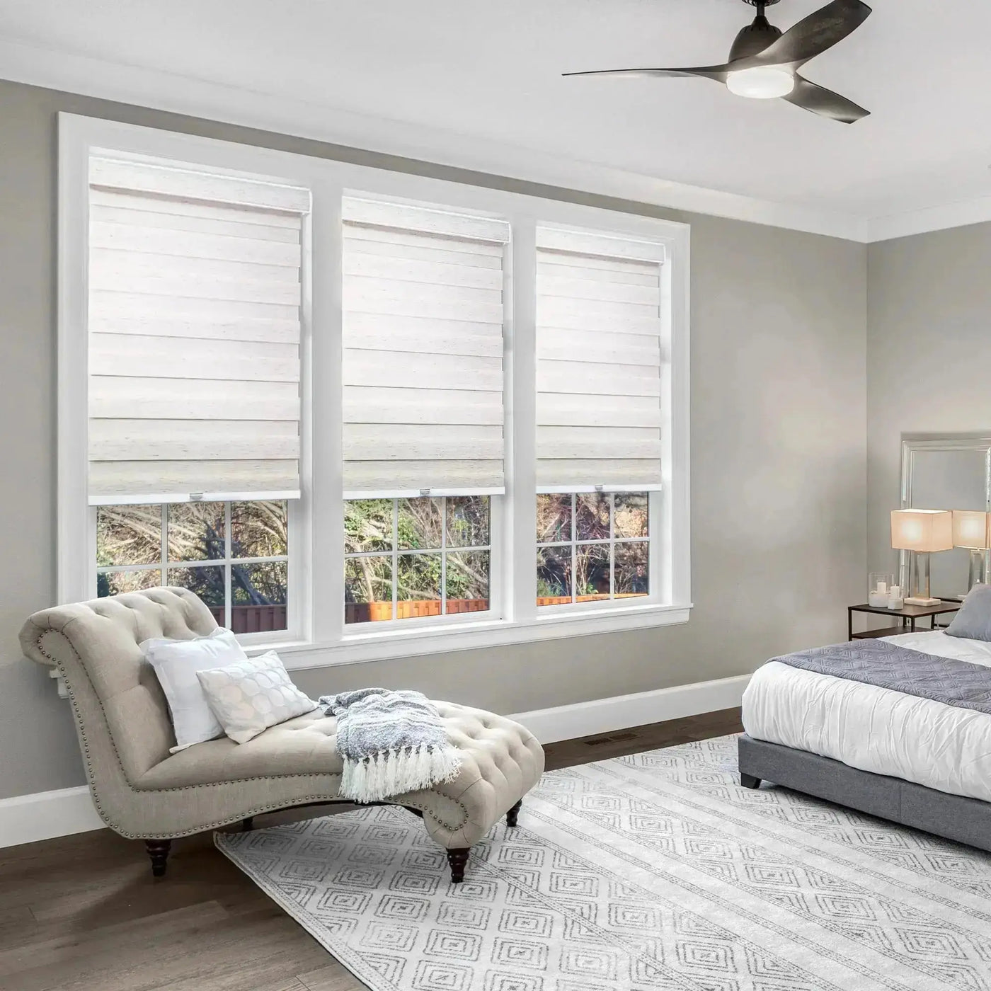 An image of a   Motorized Light-Filtering UV Protection Zebra Shades(VO) by LONGTERM house floor