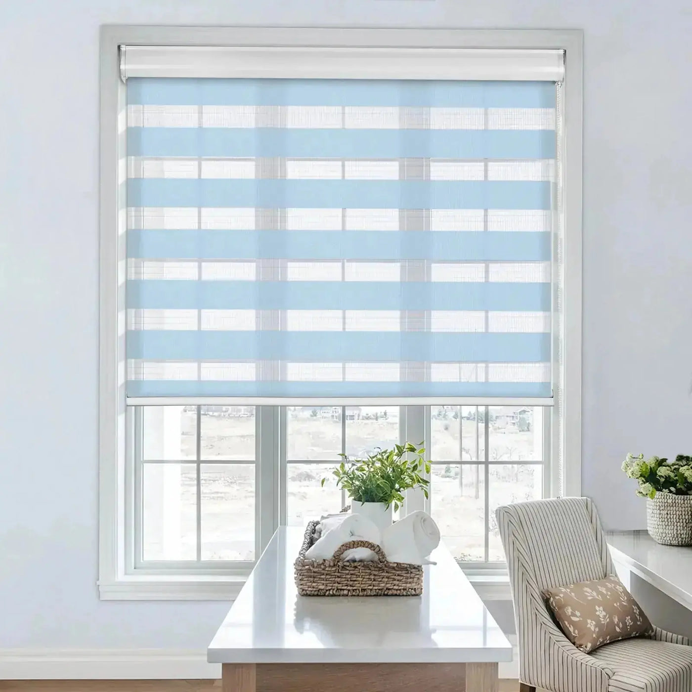 An image of a   Motorized Light-Filtering UV Protection Zebra Shades(VO) by LONGTERM house floor