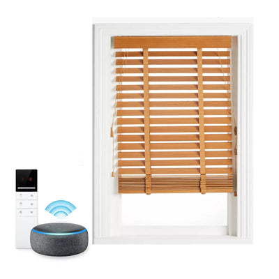 An image of a   Smart Faux Wood Blinds Cordless Motorized by LONGTERM house floor