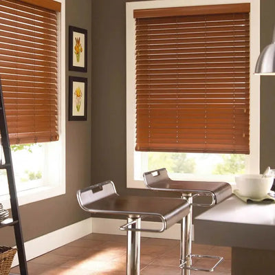 An image of a   Smart Faux Wood Blinds Solar-Powered Cordless Motorized by LONGTERM house floor