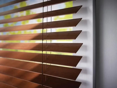 An image of a   Smart Faux Wood Blinds Solar-Powered Cordless Motorized by LONGTERM house floor