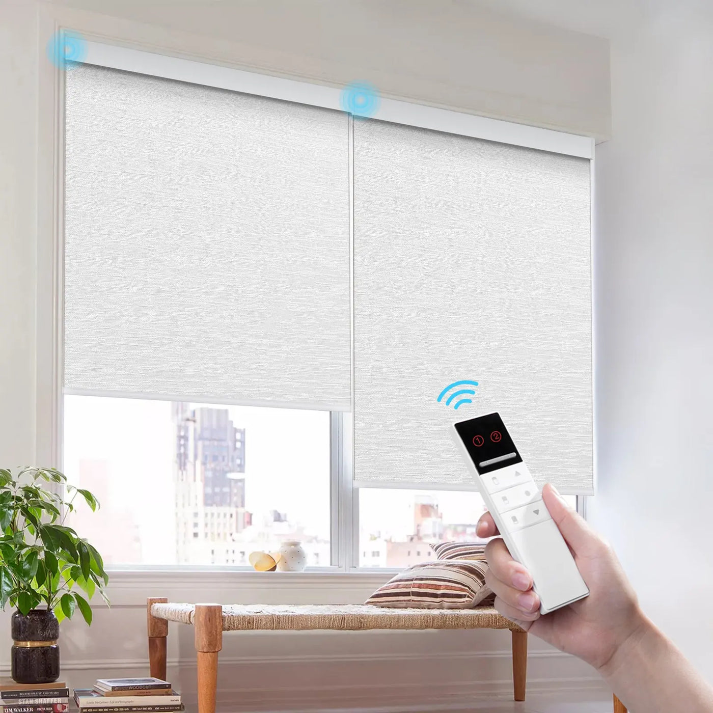 An image of a   Smart Motorized Blackout Cordless Lift Solar-Powered Roller Shades Blinds  (VO) by LONGTERM house floor
