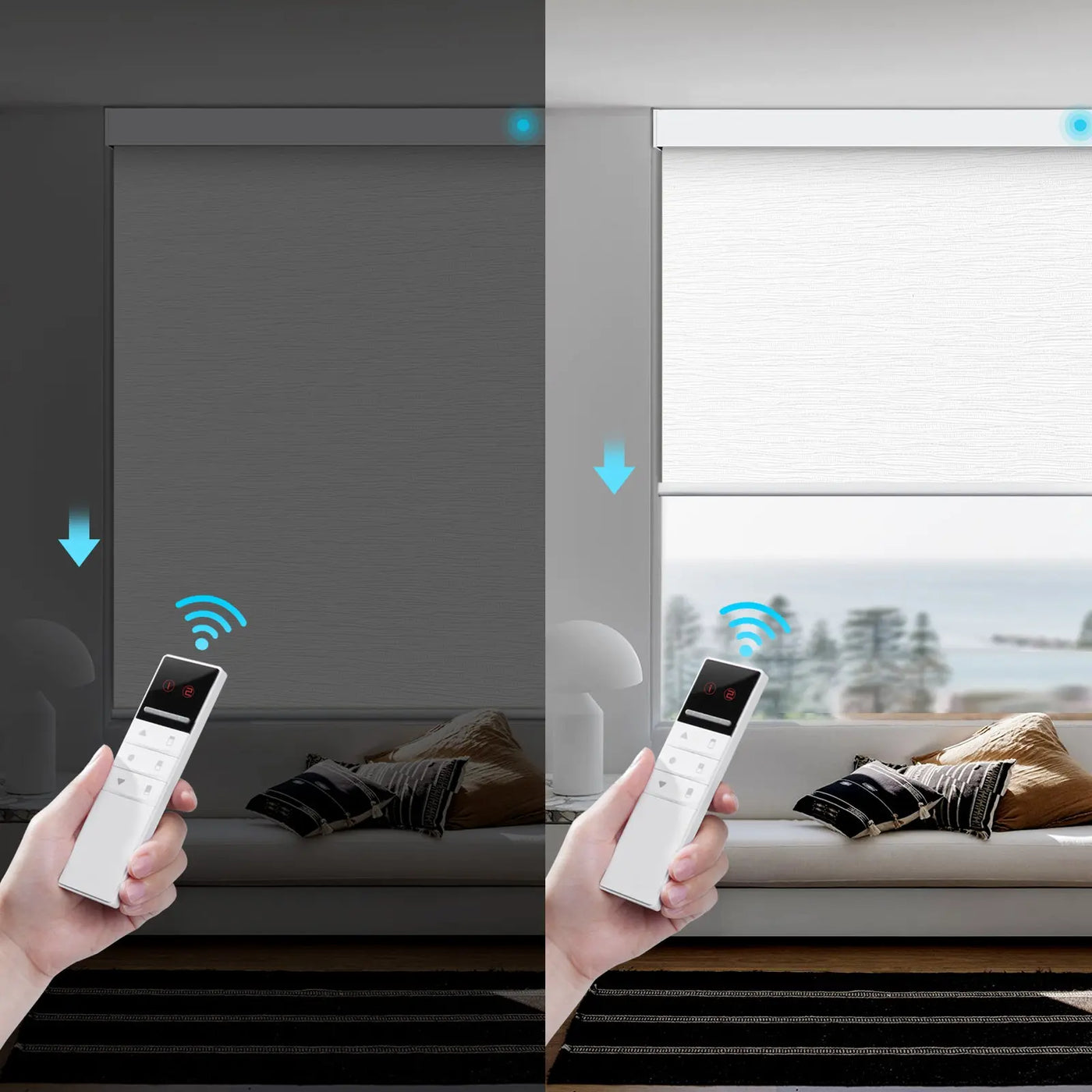 An image of a   Smart Motorized Blackout Cordless Lift Solar-Powered Roller Shades Blinds  (VO) by LONGTERM house floor