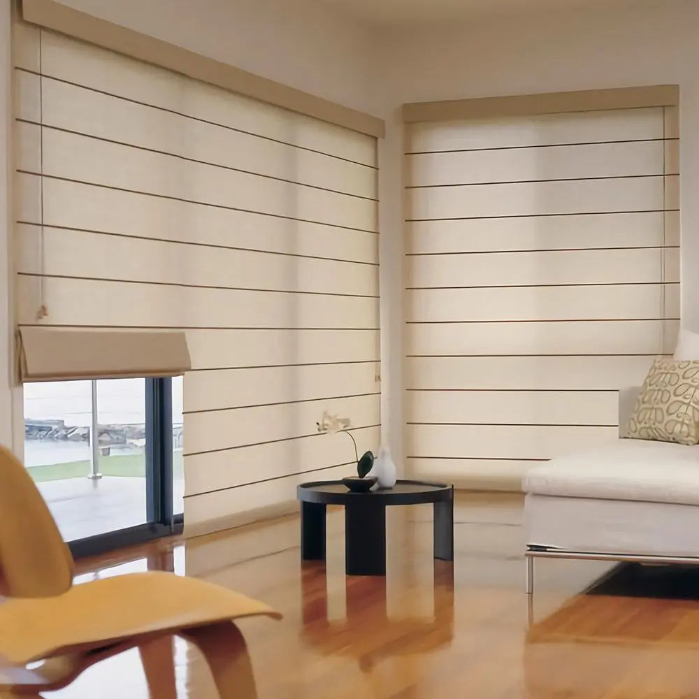 An image of a   Smart Motorized Fabric Roman Shade Blinds by LONGTERM house floor