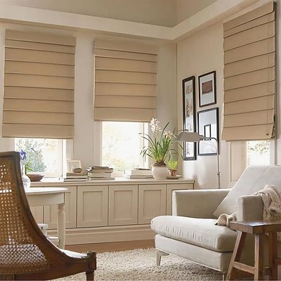 An image of a   Smart Motorized Fabric Roman Shade Blinds by LONGTERM house floor