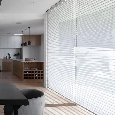 An image of a   Smart Motorized Lift Shangri-la Shades Blinds by LONGTERM house floor