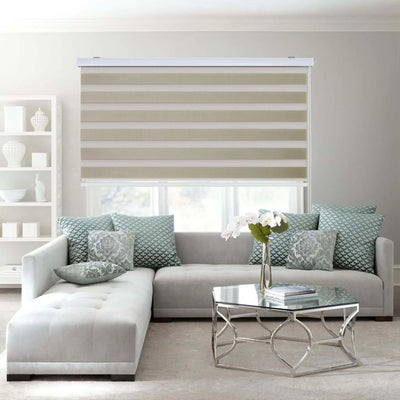 An image of a   Smart Motorized Lift Solar-Powered Fabric Zebra Shades Blinds by LONGTERM house floor