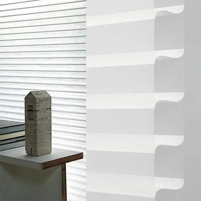 An image of a   Smart Solar Powered Motorized Lift Shangri-La Shades Blinds by LONGTERM house floor